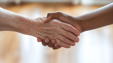 Inter-generational Care and Support Older and Younger Hands Holding Each Other Firmly with Blurred Indoor Background