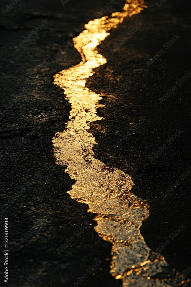 Aufkleber a section of wet road with a yellow line marking the center, suitable for use in travel or infrastru