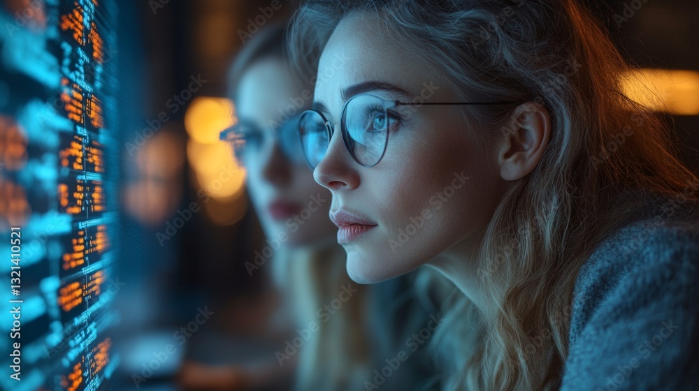 Aufkleber Two women focus intently on computer screens displaying complex data related to quantum algorithms and neural networks.