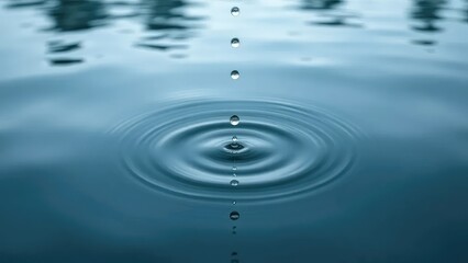 Calm lake surface reflected in a raindrop's descent, peaceful, nature, pure