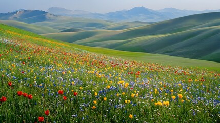 Obraz premium 16. **A carpet of wildflowers covering rolling green hills**