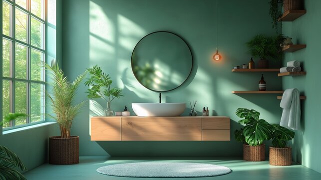 Dise&ntilde;o interior minimalista de un ba&ntilde;o elegante con un espejo redondo en blanco, un tocador flotante minimalista, paredes de color verde suave, estantes modernos, artefactos de iluminaci&oacute;n c&aacute;lidos
