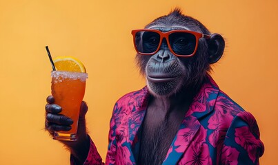 a chimpanzee wearing sunglasses and holding a cocktail.