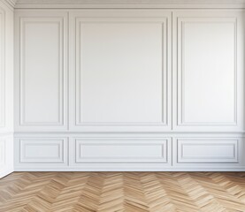 Naklejka premium Empty Room Interior with White Wainscoting and Light Brown Herringbone Hardwood Floor