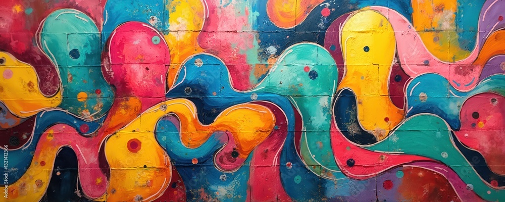 Aufkleber Lively, colorful mural filled with abstract patterns, shapes. Component intertwines to create vibrant composition. Decorative multicolored layers blend. Wallpainting featuring creative urban
