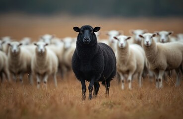 Fototapeta premium Lone black sheep stands out from herd of white sheep in field. Symbolizes uniqueness, individuality, nonconformity, independence. Herd of mammals graze in pasture, agriculture concept.