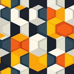 Obraz premium Modern Geometric Hexagon Pattern with Bold Colors: A seamless tile featuring a dynamic mix of orange, yellow, navy, and white, perfect for contemporary designs.