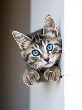 A curious gray tabby with mesmerizing blue eyes peeks from a white wall. Its front paws daintily rest on the edge, gazing leftward into mystery