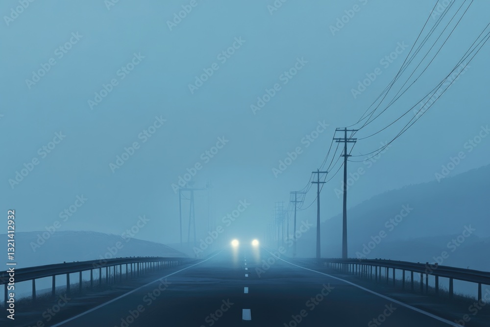 Poster A vehicle navigates through dense fog on a winding road, suitable for use in images related to transportation, weather, or adventure