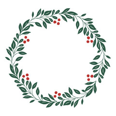 Merry Christmas wreath with copy space for text. Green fir twigs and red berries. Vector illustration isolated on white background. Nature design greeting card, cover template for Winter xmas holidays
