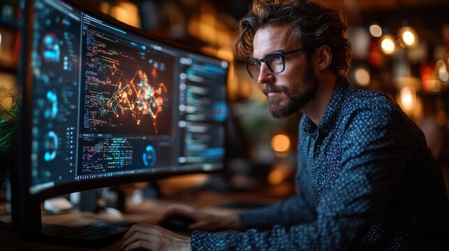 A person analyzes complex quantum algorithms on dual monitors, showcasing data on qubits, superposition, and entanglement, enhancing their understanding of optimization techniques.