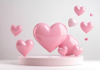 Floating Pink Glossy Hearts on White Platform 3D Render
