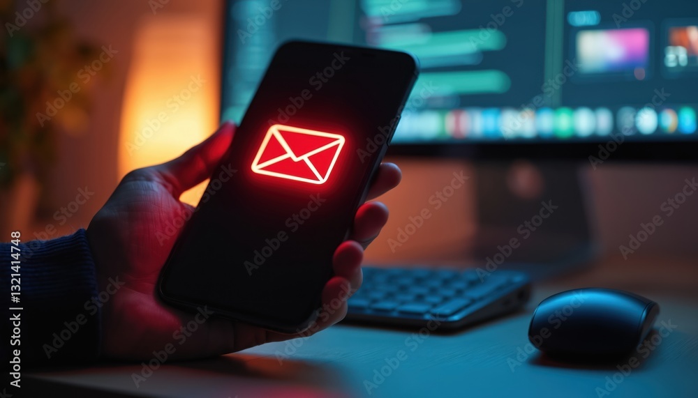 Poster Person holds phone with red email icon illuminated on screen. Mobile alert for spam, phishing cyber attack. Security system notification, hacking prevention. Digital device on background of monitor,