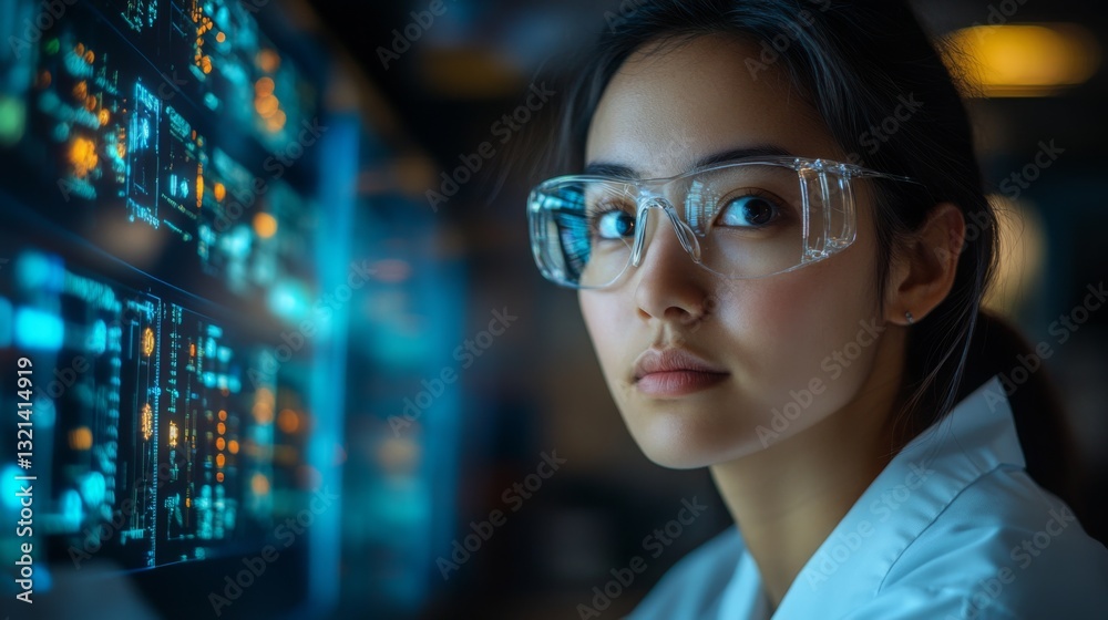 Fototapete A female scientist in a laboratory analyzes complex quantum simulations on a screen, deeply engaging with concepts like qubits and entanglement, advancing research in quantum physics.