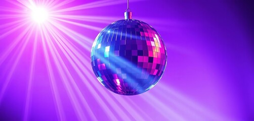 A shimmering disco ball casts dazzling rays across a vibrant purple background, perfect for party promotions, entertainment, festive