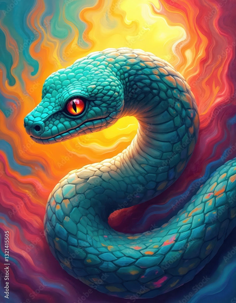Aufkleber painted portrait of snake with vibrant colorful swirl on bright background. expressive reptile art i