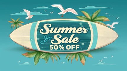 Summer Sale Advertisement on Surfboard with Tropical Background