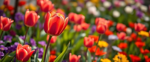 A single vibrant red tulip blooms amidst spring greenery in a garden,  image,  picture