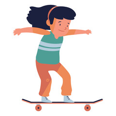 Obraz premium Skateboard Adventure: An illustration of a young girl rides a skateboard, poised and balanced with a joyful expression, ready for a fun outdoor adventure.