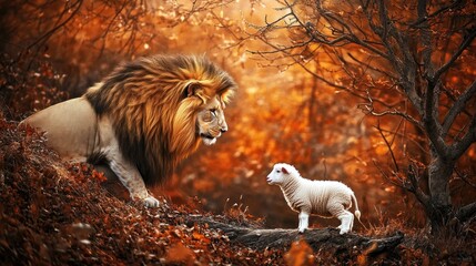 Majestic Lion Lamb Autumnal Forest Background Peaceful Scene