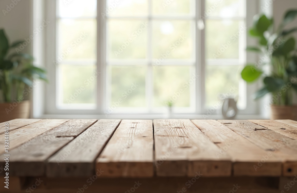 Poster rustic wooden table natural grain texture. blurred window backgrounds interior scene. empty space on