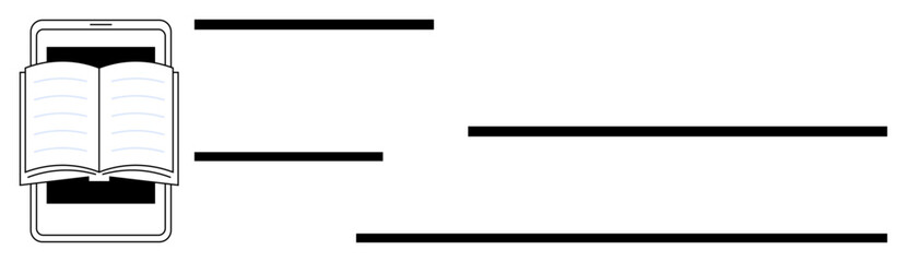 Obraz premium Open book overlaying smartphone alongside horizontal text lines representing digital reading. Ideal for education, technology, online learning, knowledge sharing, literature, publishing, digital