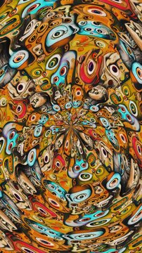 Vertical video of kaleidoscopic abstract background. Seamless animation of a zoom in monsters with big eyes painted in surrealist style