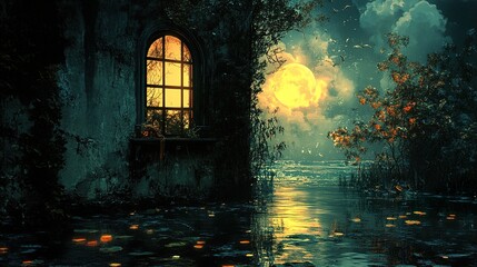 Fototapeta premium Moonlit Lake Cottage: A Mystical Night Scene