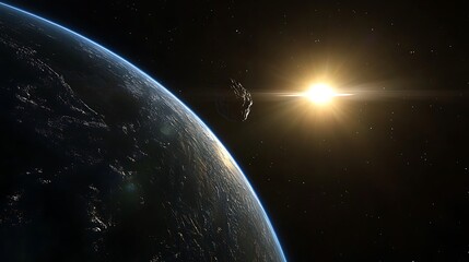 Obraz premium Asteroid approaching Earth, sun rising.