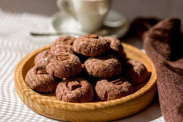 Coffee cookies with chocolate. Delicious homemade dessert