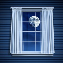 Serene Night Scene Moonlit Window Curtains