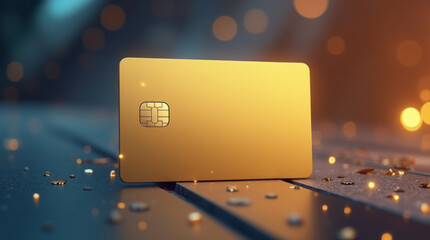 Blank gold credit card mockup on blue glitter background
