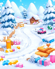 Snowy winter scene with a pink car presents and wooden logs near a snow-covered house