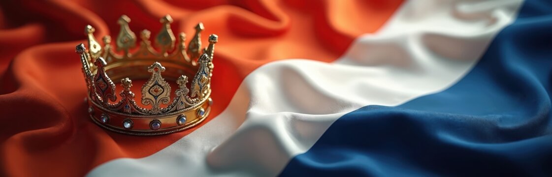 Close-up shiny gold crown on Dutch Kingdom flag. Silk texture national banner for Happy Dutch King Day celebration. Symbol monarchy, orange color national holiday tradition, festive cultural heritage