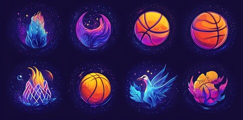 Obraz premium Vibrant Basketball Designs with Fire Bird and Floral Elements