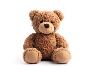 Obraz premium Cute brown teddy bear sitting on white background.