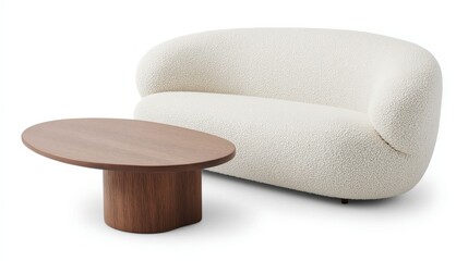 Fototapeta premium Minimalist, japandi style interior design of modern living room. Cute and cozy single bouclé sofa near an oval coffee table