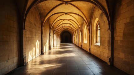 Sunlit Stone Hallway: Medieval Architecture Photography