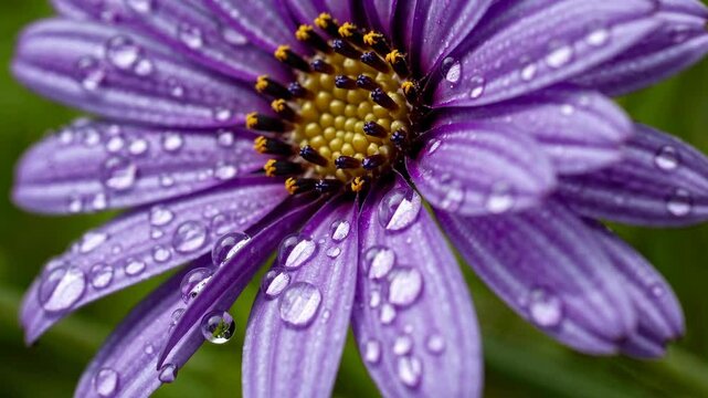 Close-up of a vibrant purple daisy flower adorned with glistening water droplets, showcasing the beauty of nature after a refreshing rain