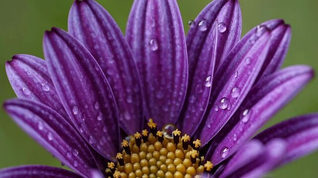 Purple daisy flower petals glistening with water droplets, showcasing delicate natural beauty and vibrant botanical freshness in soft garden light