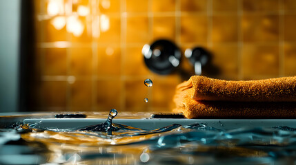 Water drops falling into a basin near a folded towel