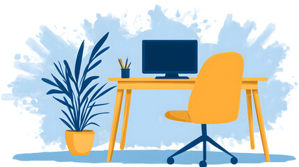 Fototapeta premium A modern workspace featuring a computer, an ergonomic chair, and a potted plant against a blue background