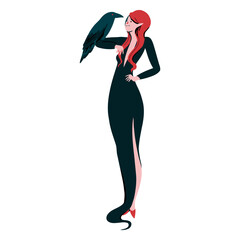 Mystic Enchantment: A tall woman with fiery red hair, adorned in a flowing gown, stands in a serene pose with a raven perched gracefully on her shoulder.