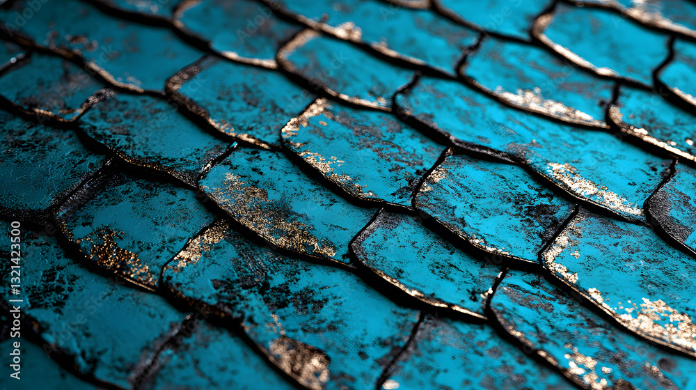 Poster a close-up view of textured, iridescent blue tiles, resembling scales, creating a visually striking 