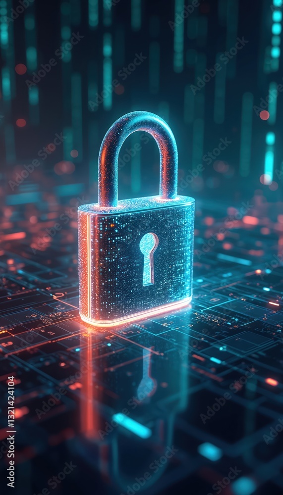 Aufkleber Digital padlock formed by binary code cybersecurity. Futuristic tech landscape with glowing blue numbers, data streams, orange edges. Protection from hacking, firewall. Privacy in cyberspace. Online