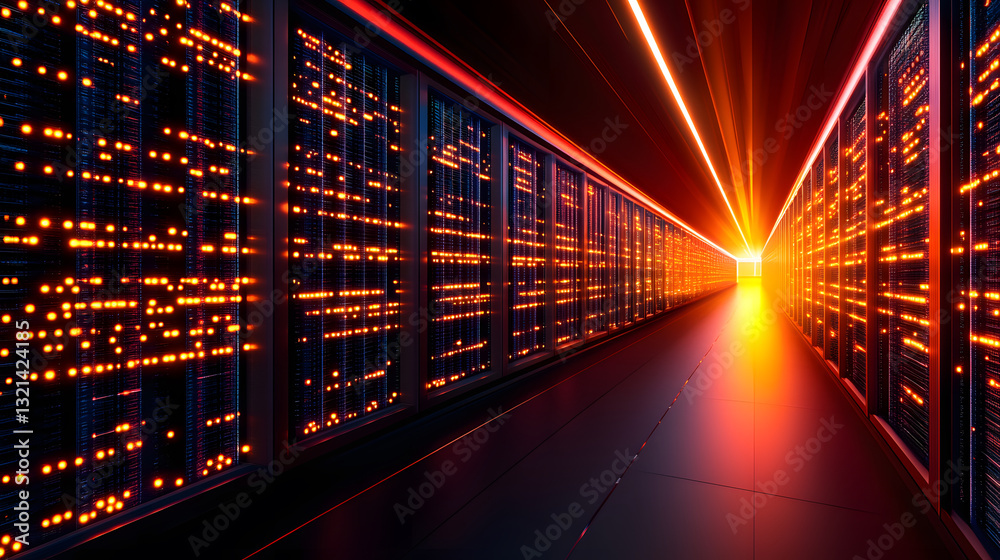 Poster a futuristic data center corridor illuminated by vibrant orange lights and lines, showcasing rows of
