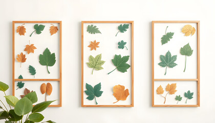 Collection of leaves framed on a wall, Paper Cutout style. White tone