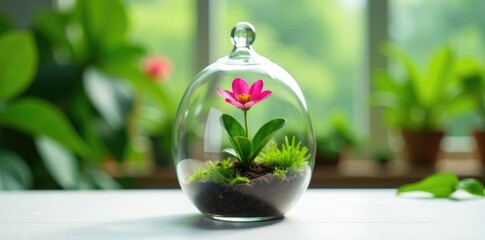 Single flower in a glass terrarium on white table, botanical, greenhouse