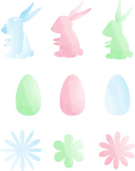 Set of festive rabbits, flowers and eggs in watercolor style. Creative Easter vector illustration with eggs, spring flowers and rabbits. Modern posters for party decoration