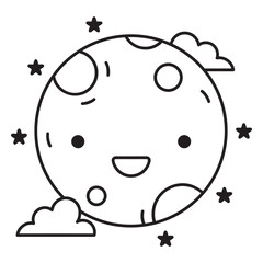 Naklejka premium Smiling moon and stars: A whimsical illustration of a smiling moon surrounded by twinkling stars and fluffy clouds, a cute and cheerful graphic design element.